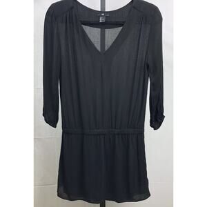 H&M V Neck Tunic Top Women 4 Black Semi-Sheer 3/4 Sleeves Blouse Keyhole Flowy